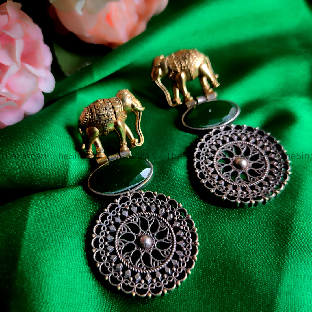 Silver-Plated elephant motif Drop Earrings in Green