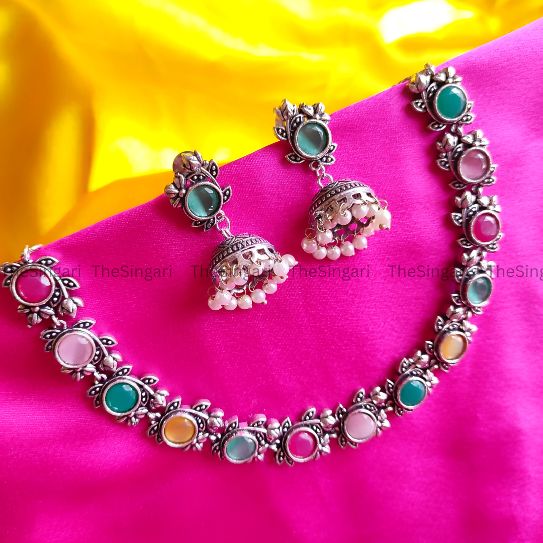 Ethnic Silver Plated Designer Necklace Set in Multicolour
