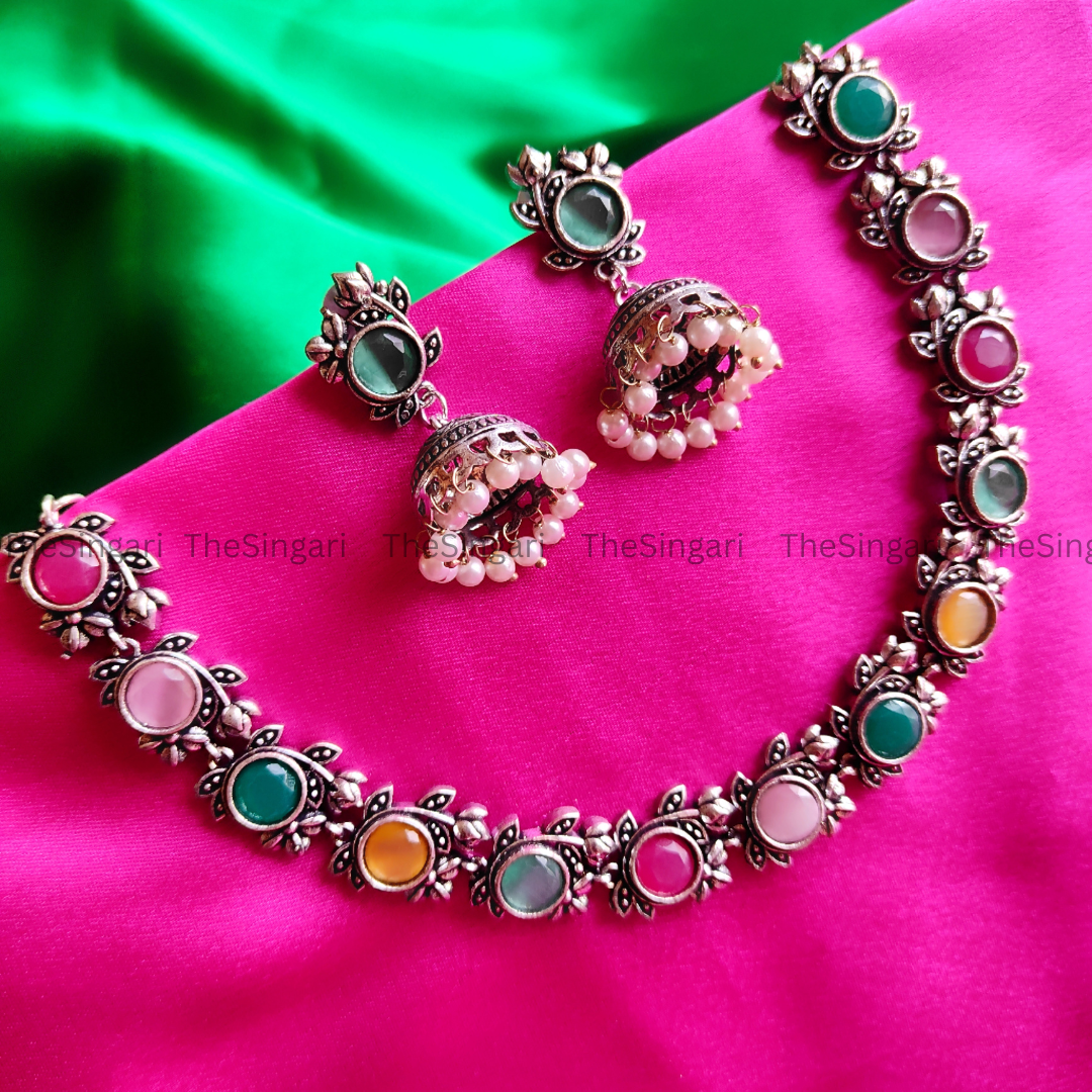 Ethnic Silver Plated Designer Necklace Set in Multicolour