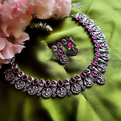 Ganesh motif brass based oxidised necklace in pink