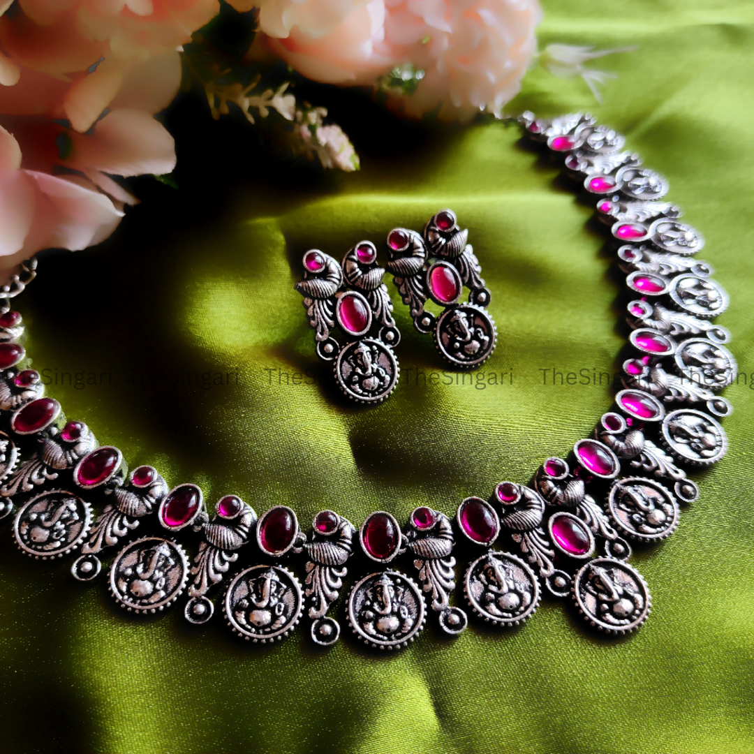 Ganesh motif brass based oxidised necklace in pink
