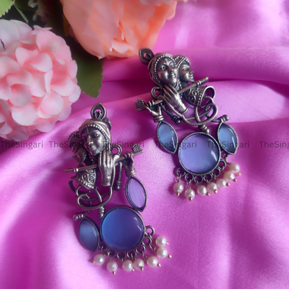 Radha Krishna Silver Brass based earrings in Blue