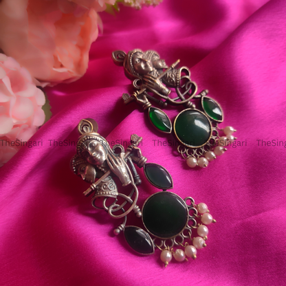 Radha Krishna Silver Brass based earrings in Green