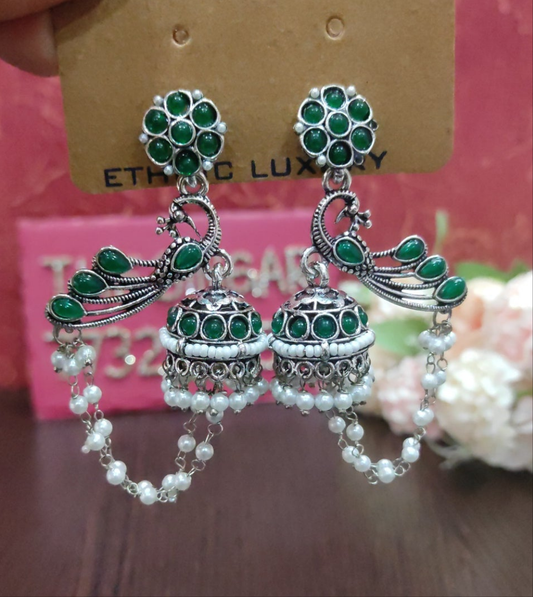 Silver-Plated Green Stone Peacock motif Jhumka Earrings with Double Pearl Chains