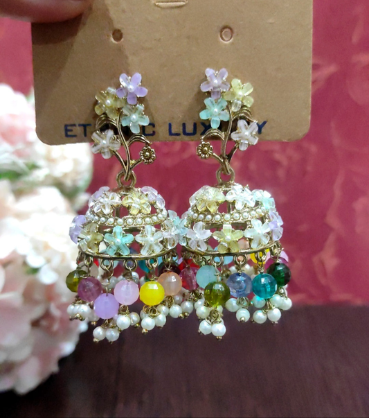 Floral multicolour Beaded Jhumka earrings with pearl drops