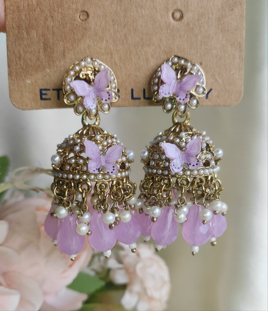 Statement Jhumkas with Butterfly Charm & Lavender Beads