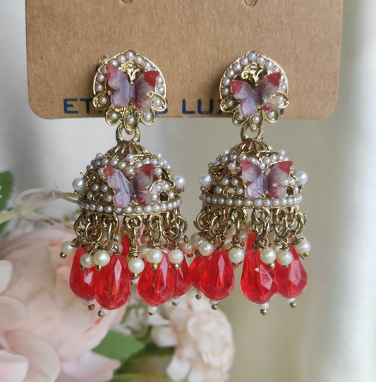 Statement Jhumkas with Butterfly Charm & Red Beads