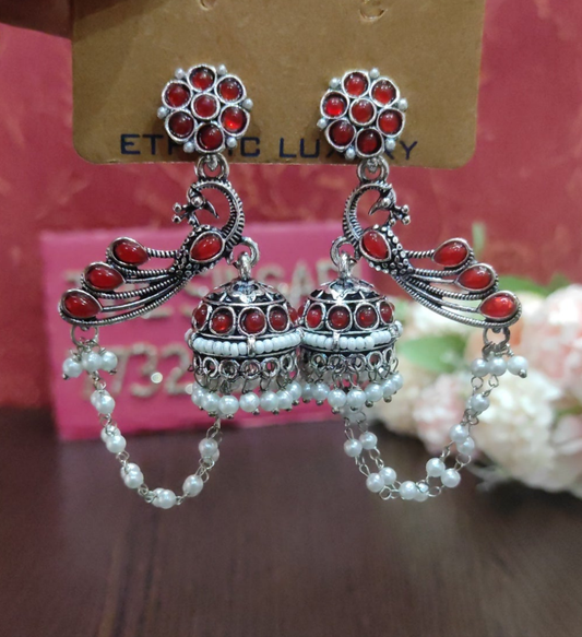 Silver-Plated Red Stone Peacock motif Jhumka Earrings with Double Pearl Chains