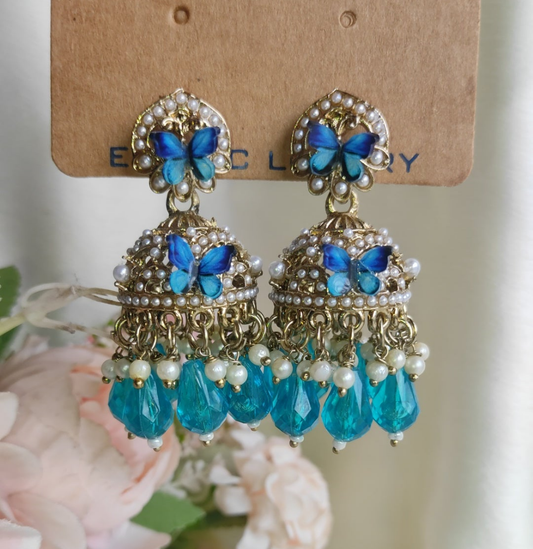 Statement Jhumkas with Butterfly Charm & Blue Beads