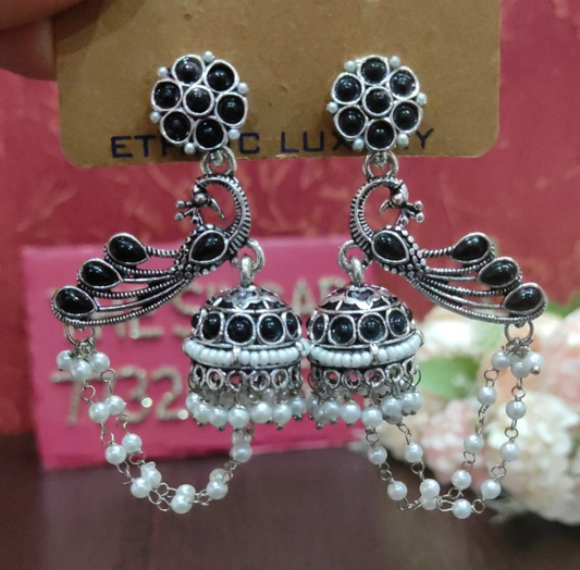 Silver-Plated Black Stone Peacock motif Jhumka Earrings with Double Pearl Chains