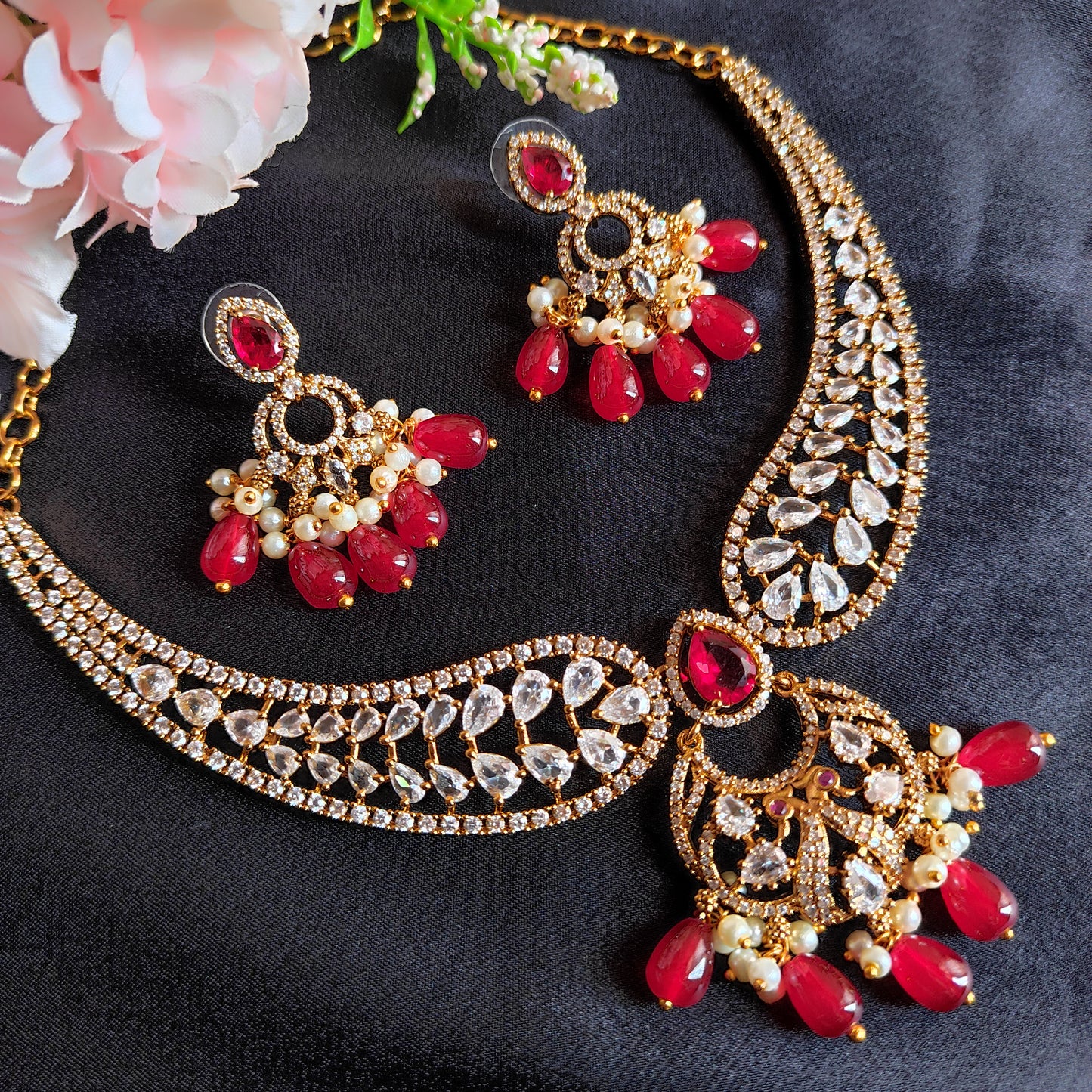 Premium Gold Plated Red Necklace set