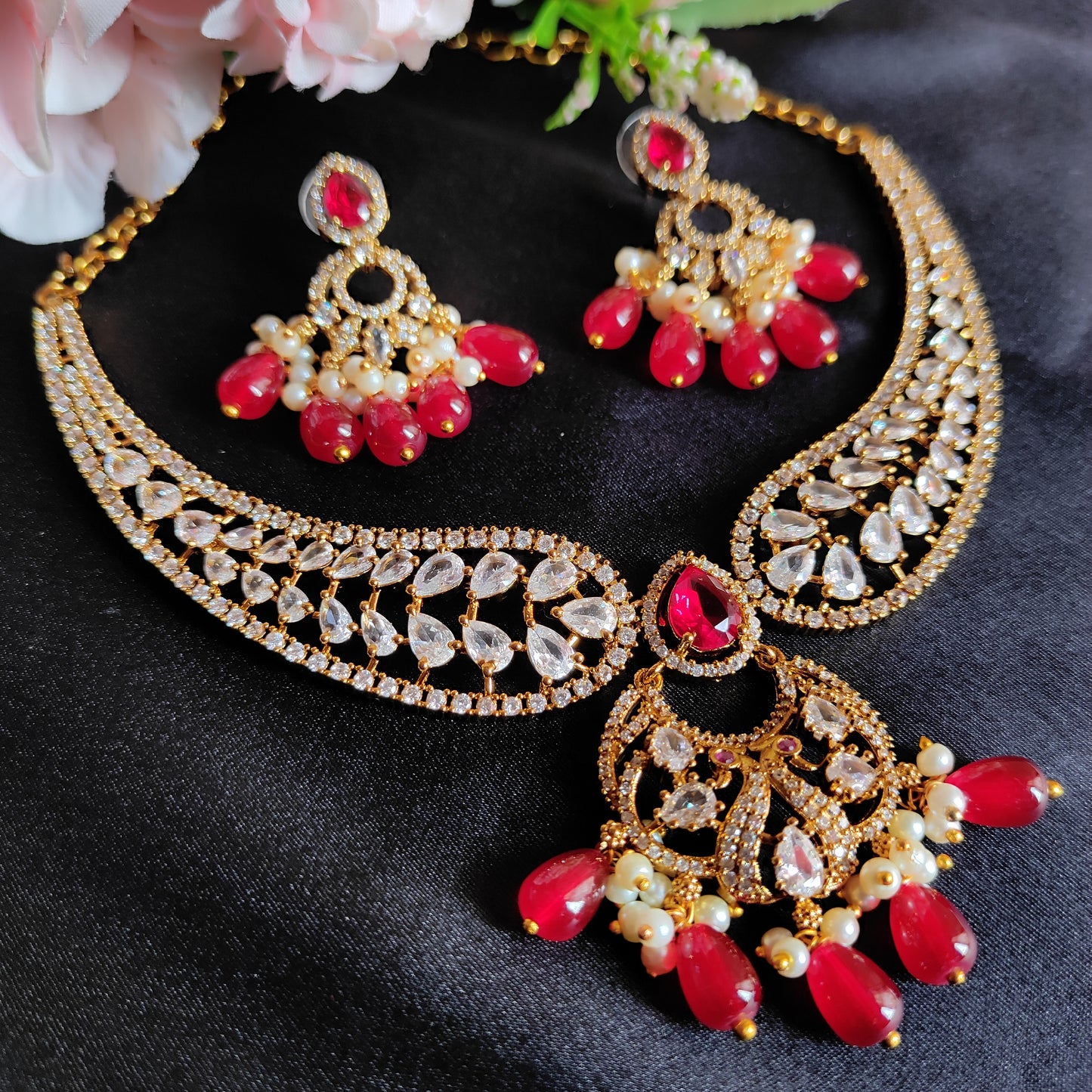 Premium Gold Plated Red Necklace set