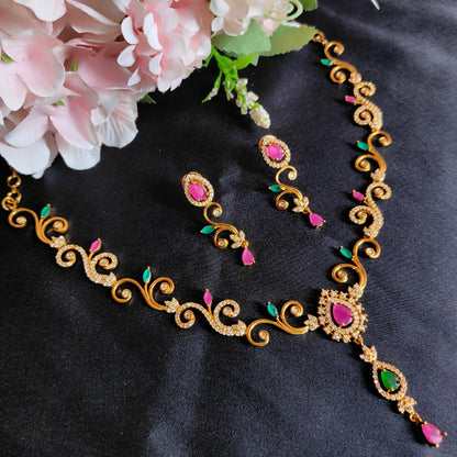 Green Pink gold plated Necklace set long locket