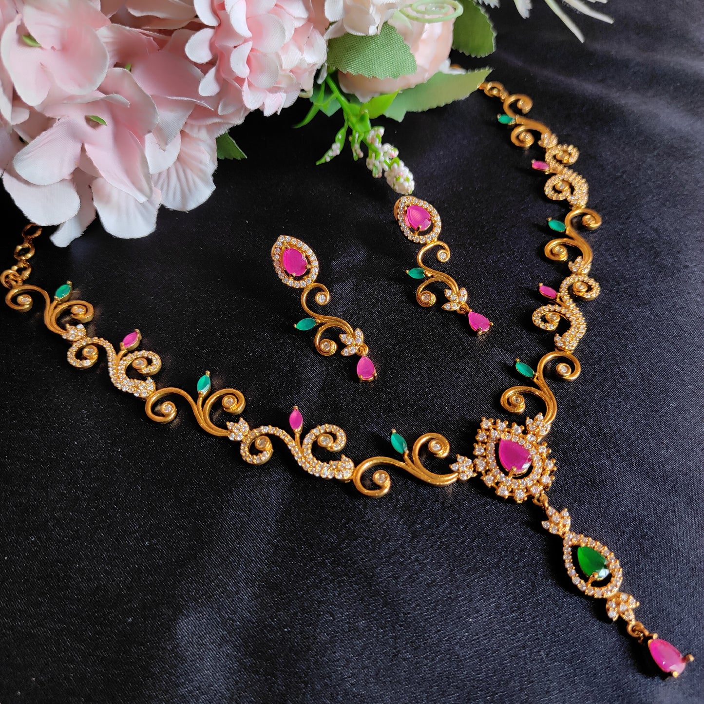 Green Pink gold plated Necklace set long locket