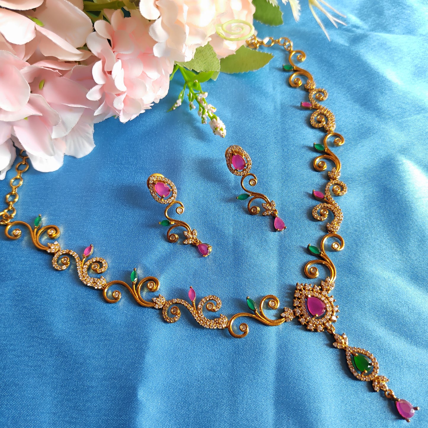 Green Pink gold plated Necklace set long locket