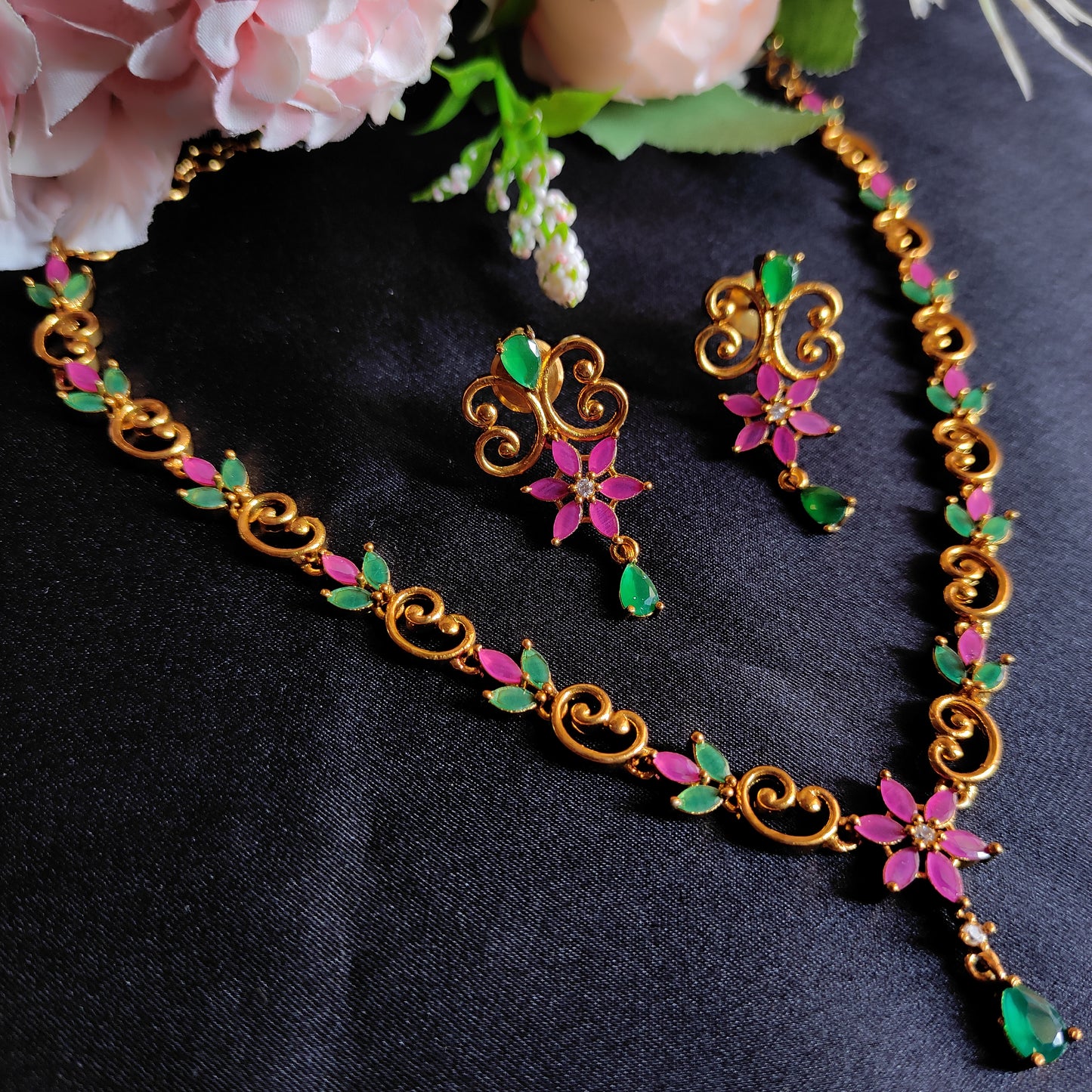 Green Pink gold plated Necklace set