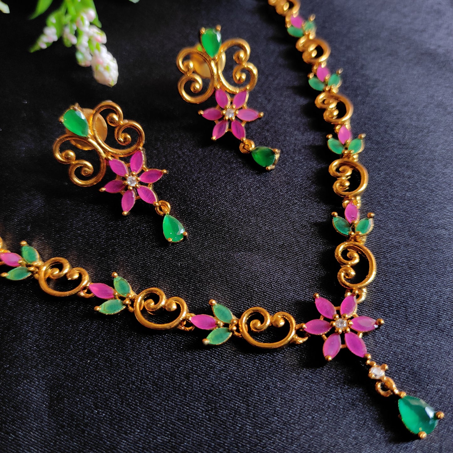 Green Pink gold plated Necklace set