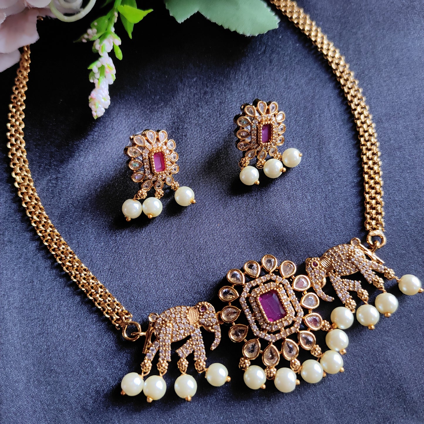 Elephant  motif  Ruby choker necklace set