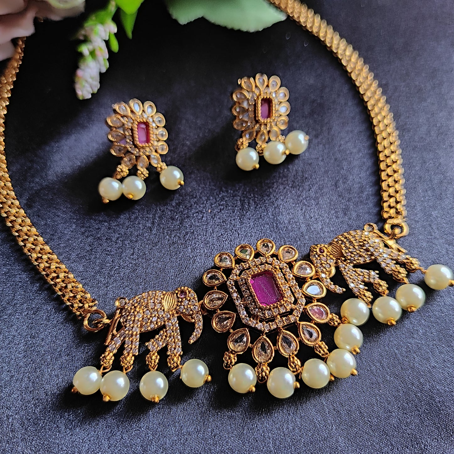 Elephant  motif  Ruby choker necklace set