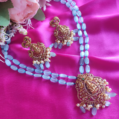 Goddess Lakshmi motif blue monalisa beaded Necklace Set