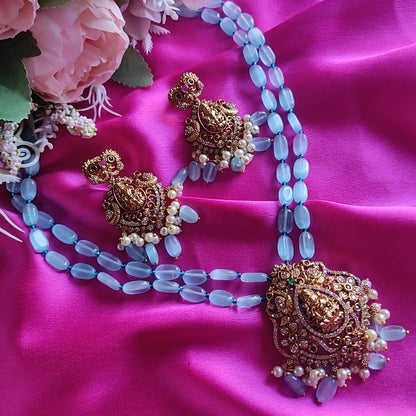 Goddess Lakshmi motif blue monalisa beaded Necklace Set