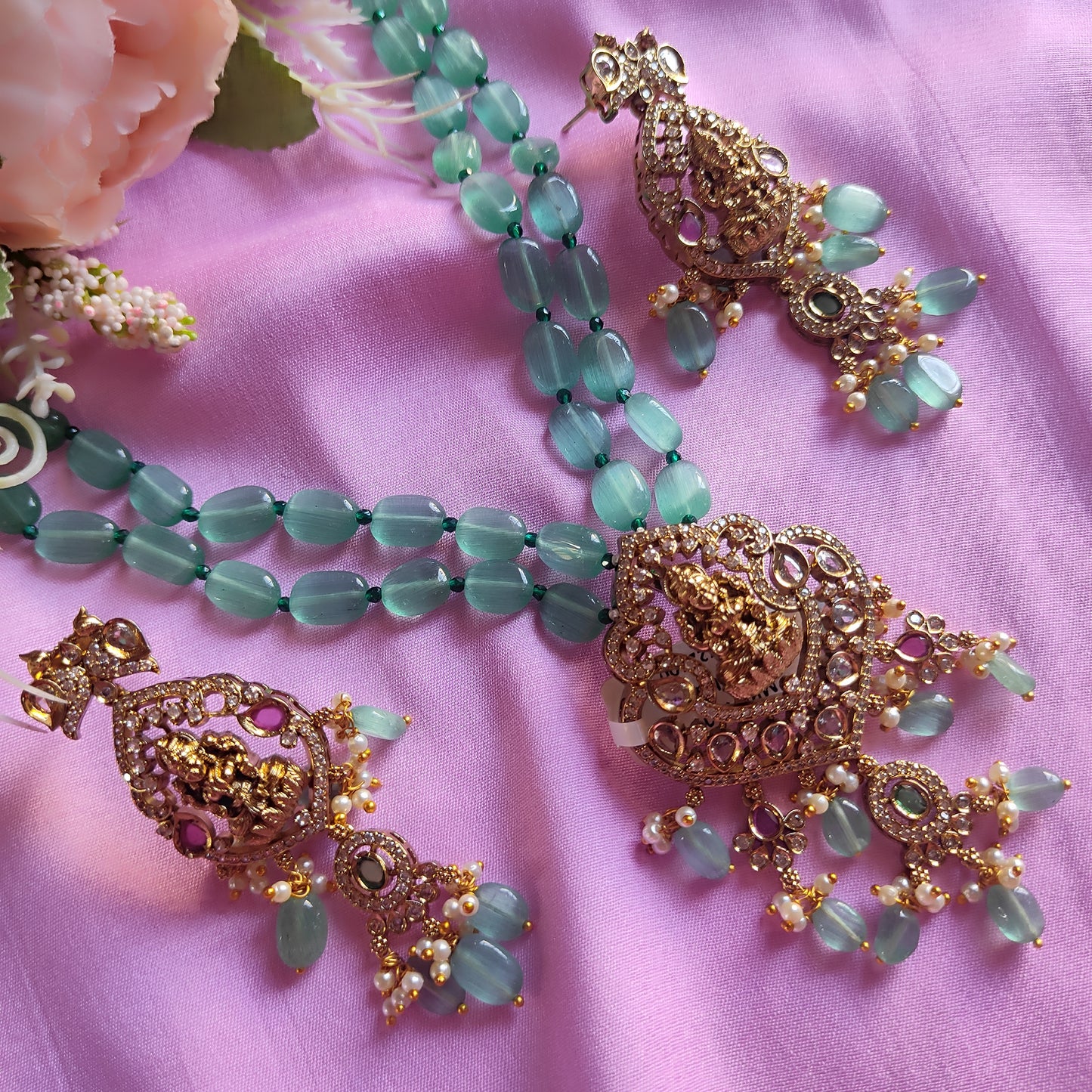 Goddess Lakshmi motif mint green monalisa beaded Necklace Set long
