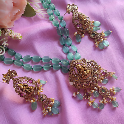 Goddess Lakshmi motif mint green monalisa beaded Necklace Set long