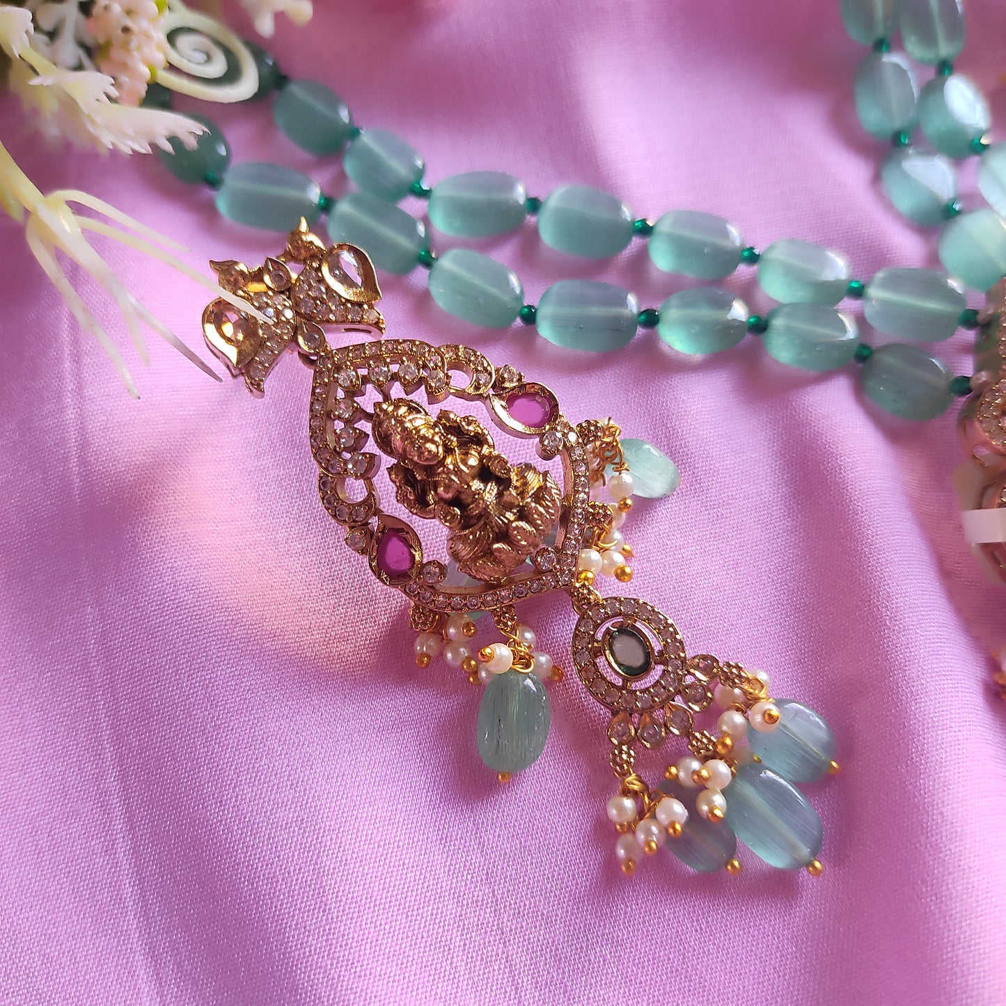 Goddess Lakshmi motif mint green monalisa beaded Necklace Set long