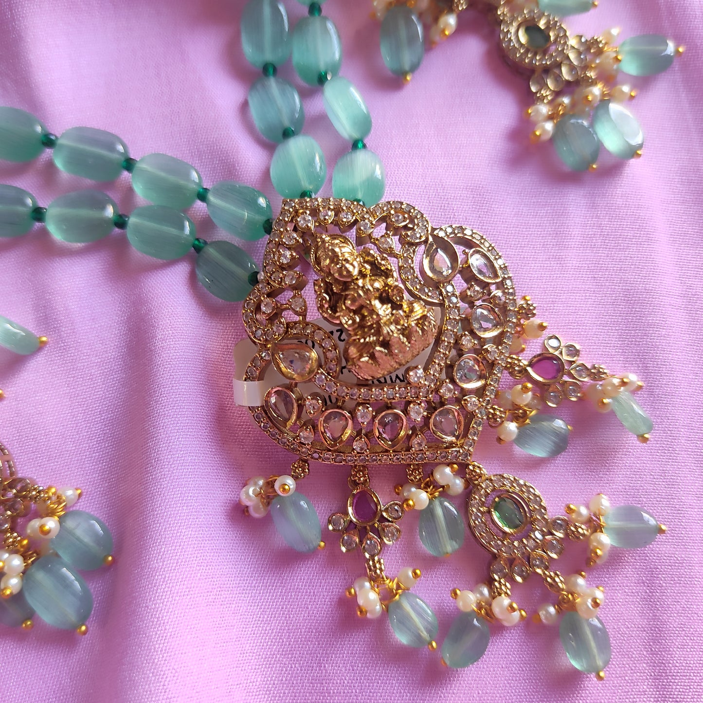 Goddess Lakshmi motif mint green monalisa beaded Necklace Set long
