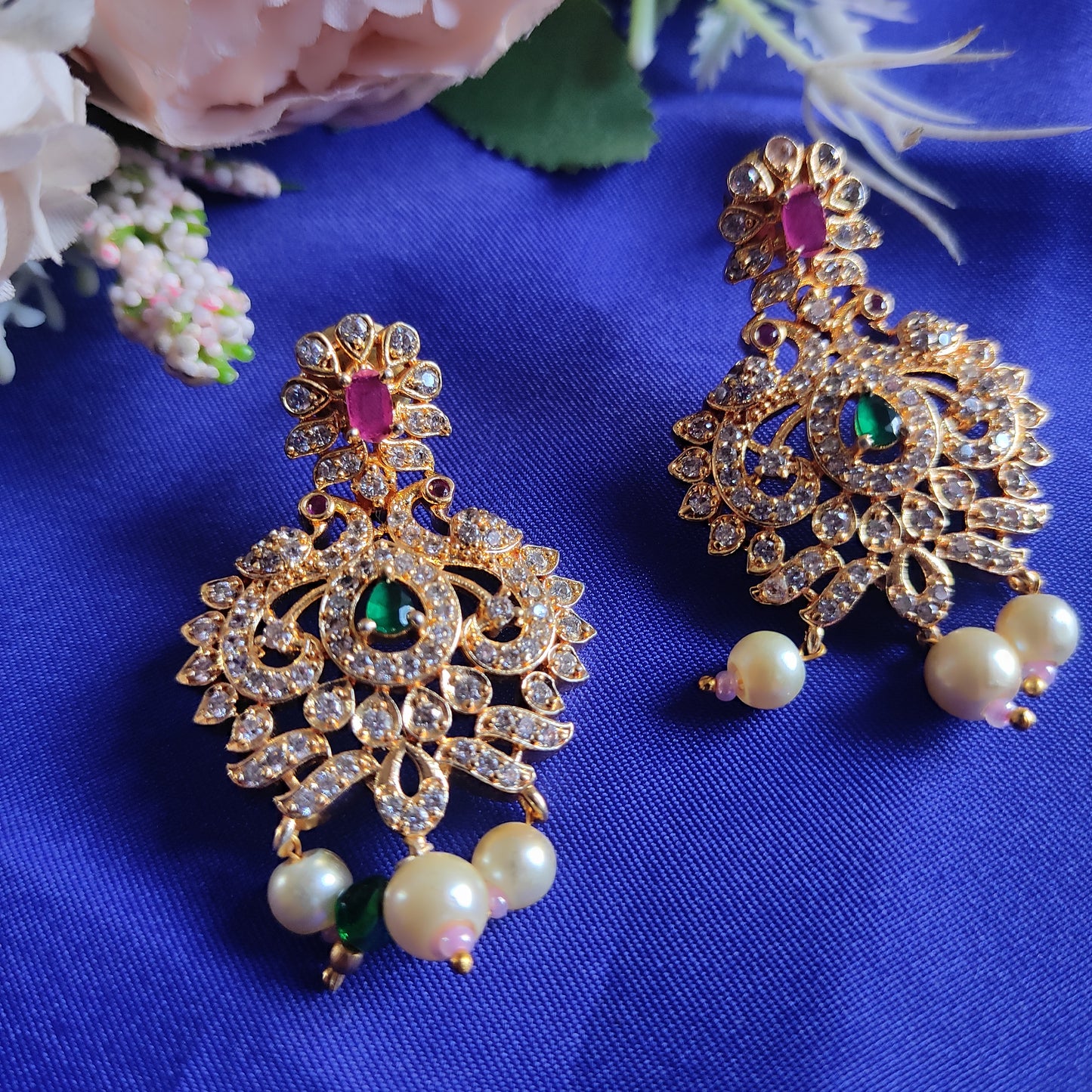 Peacock AD stone earrings pearl layered center green stone