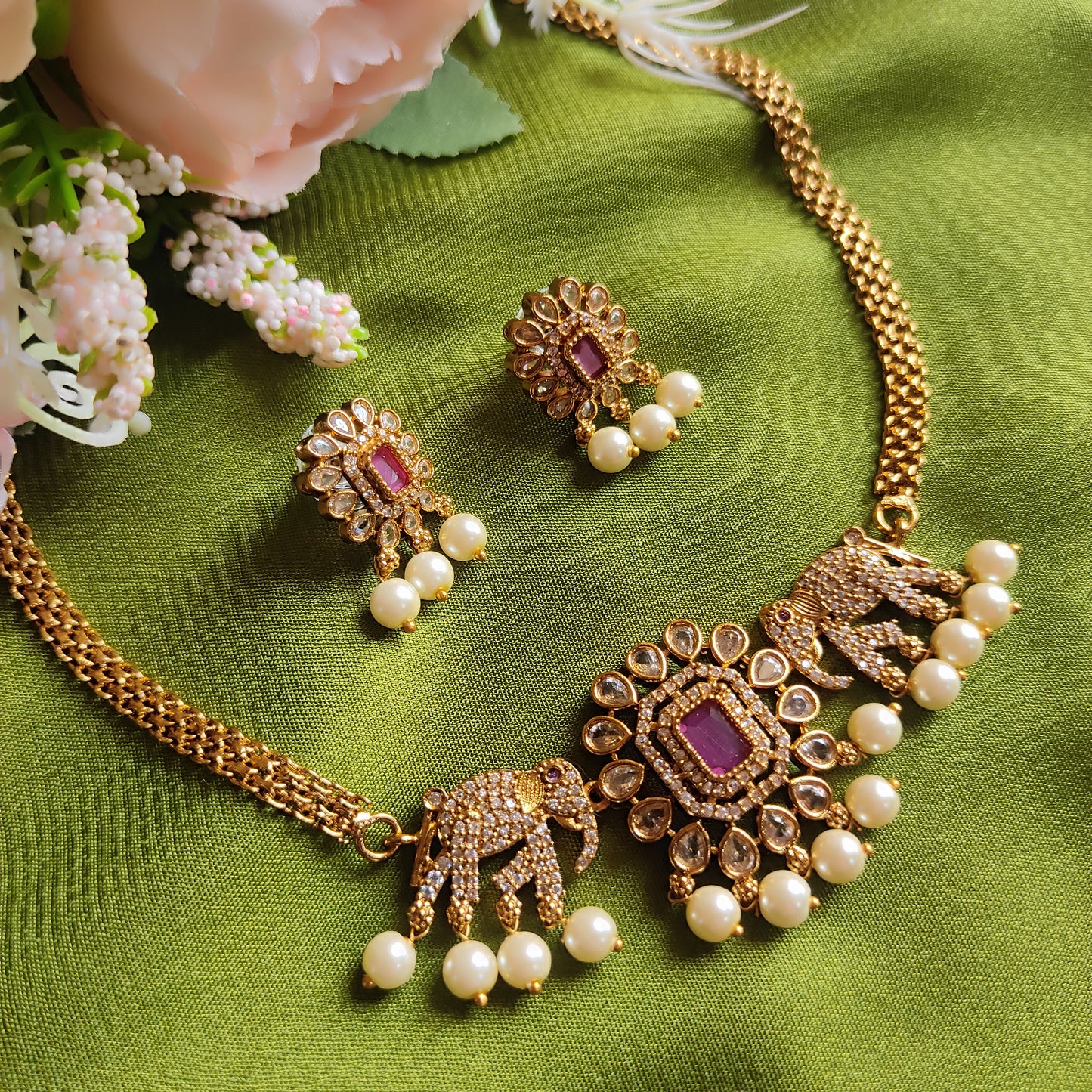 Elephant  motif  Ruby choker necklace set
