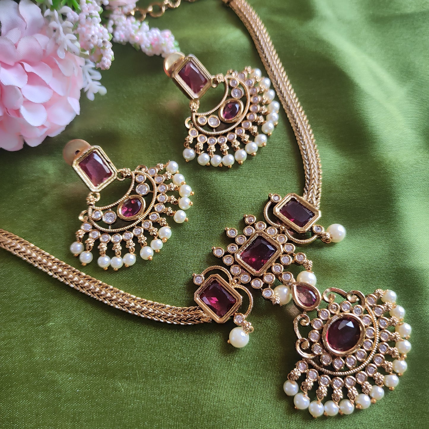 Beautiful chakra pendant choker  set (Ruby)