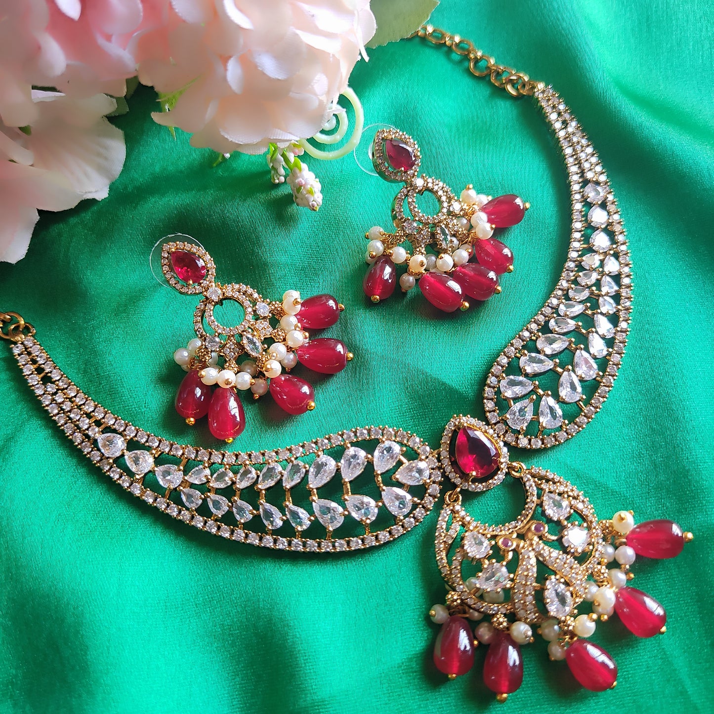 Premium Gold Plated Red Necklace set