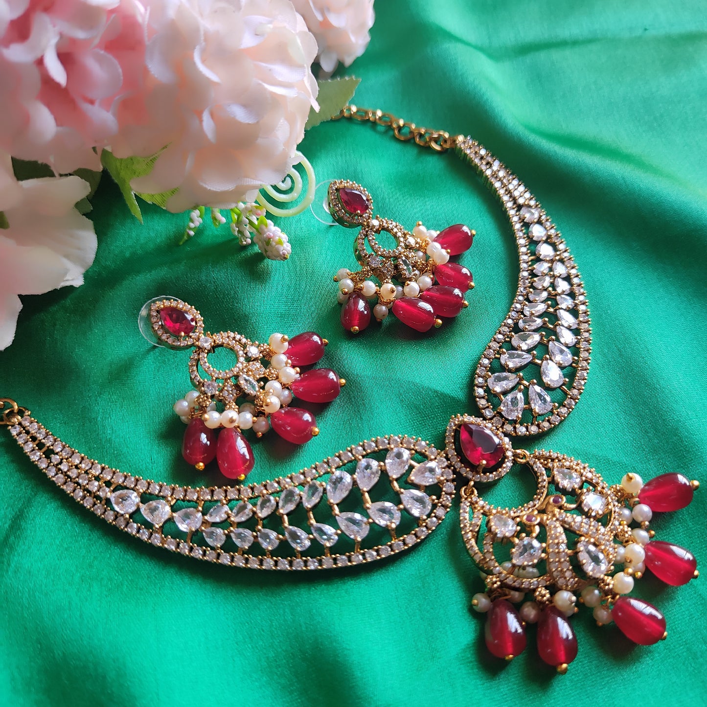 Premium Gold Plated Red Necklace set
