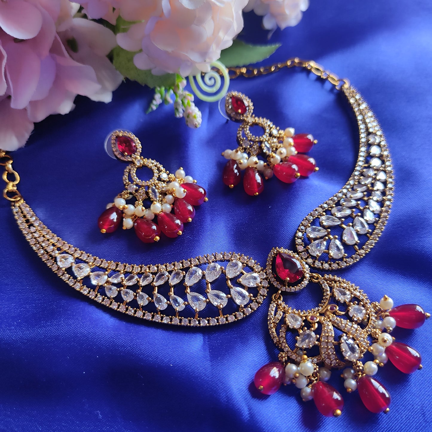Premium Gold Plated Red Necklace set