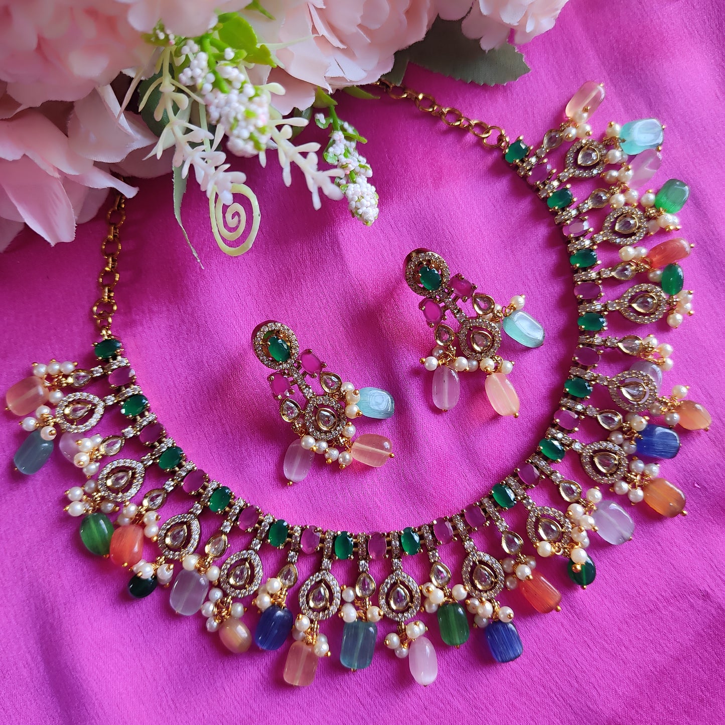 Multi-Color Gold Plated Traditional Kundan Necklace Jewellery Set