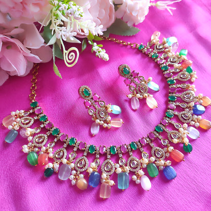 Multi-Color Gold Plated Traditional Kundan Necklace Jewellery Set