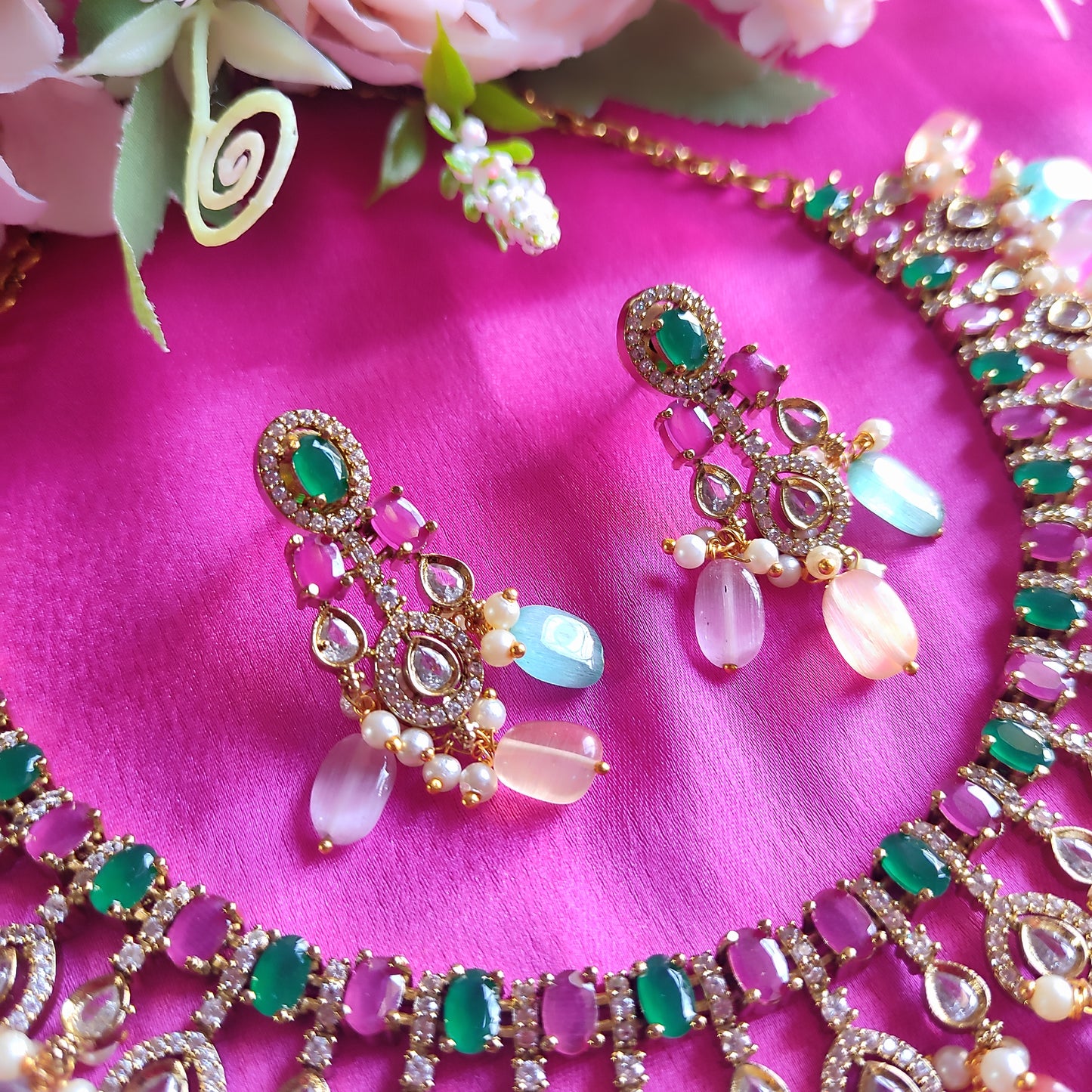 Multi-Color Gold Plated Traditional Kundan Necklace Jewellery Set