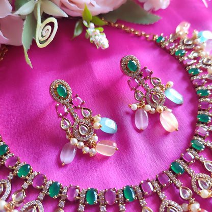 Multi-Color Gold Plated Traditional Kundan Necklace Jewellery Set