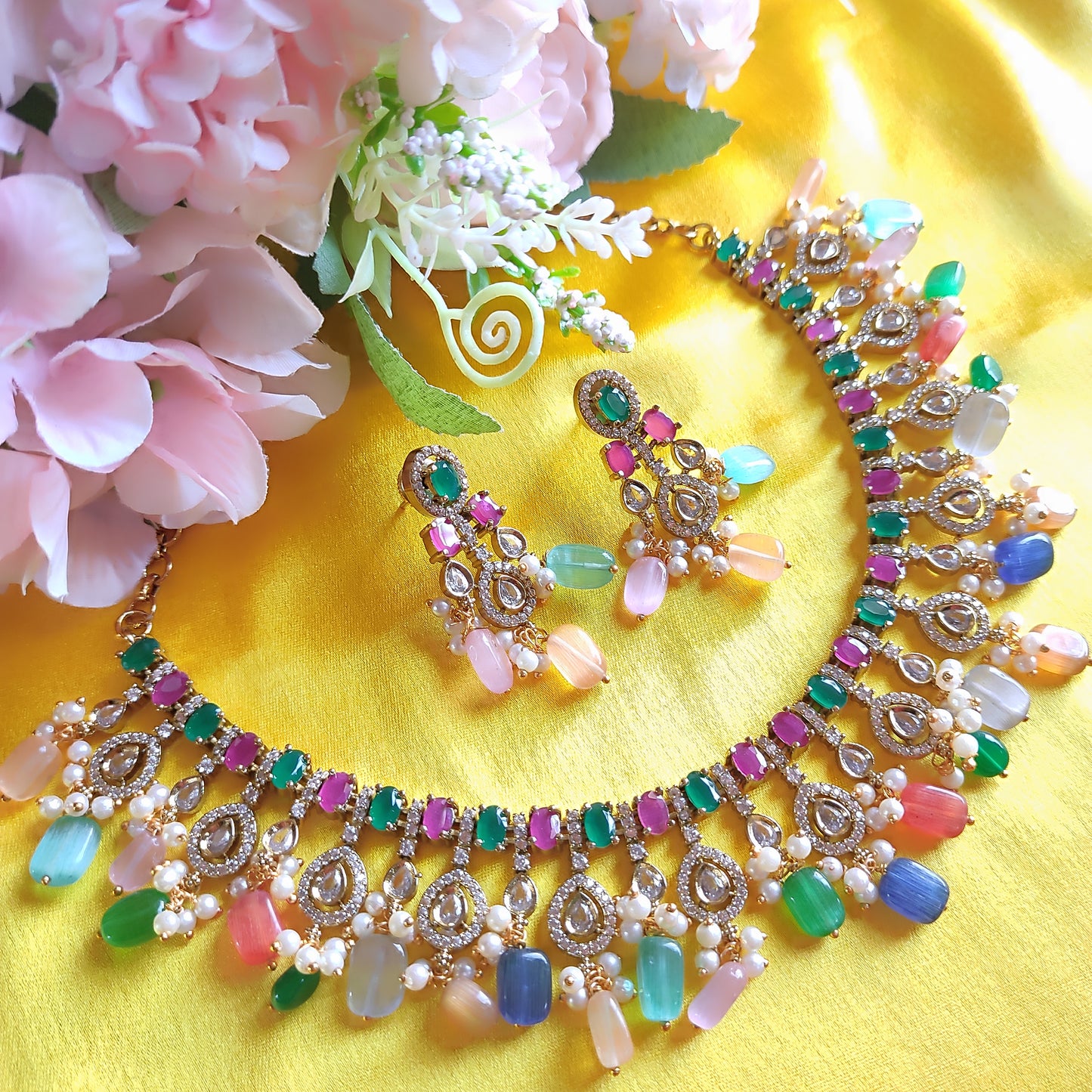 Multi-Color Gold Plated Traditional Kundan Necklace Jewellery Set