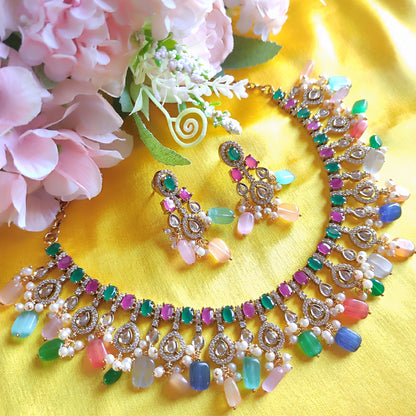Multi-Color Gold Plated Traditional Kundan Necklace Jewellery Set
