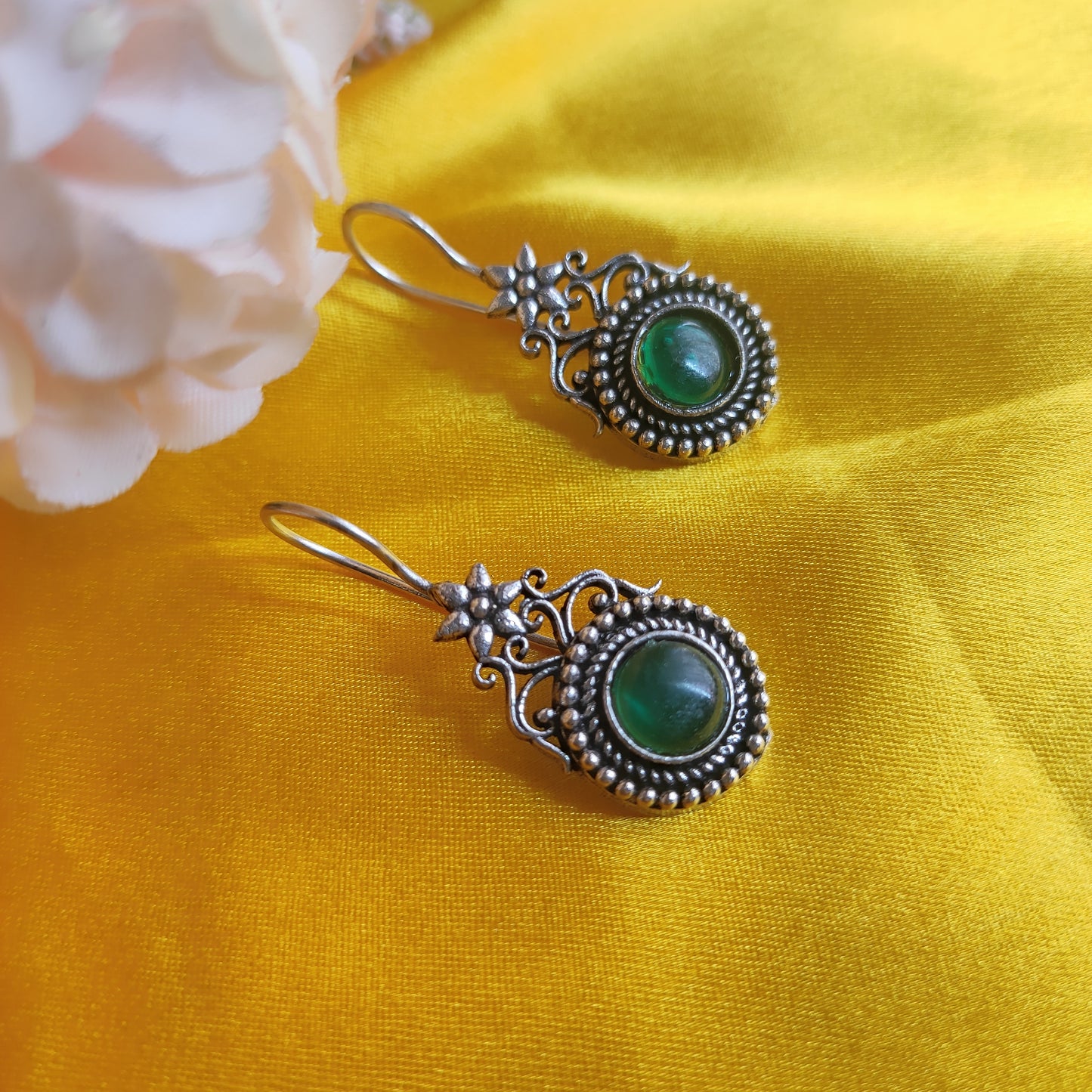 Small Flower Hanging  Earrings in Green
