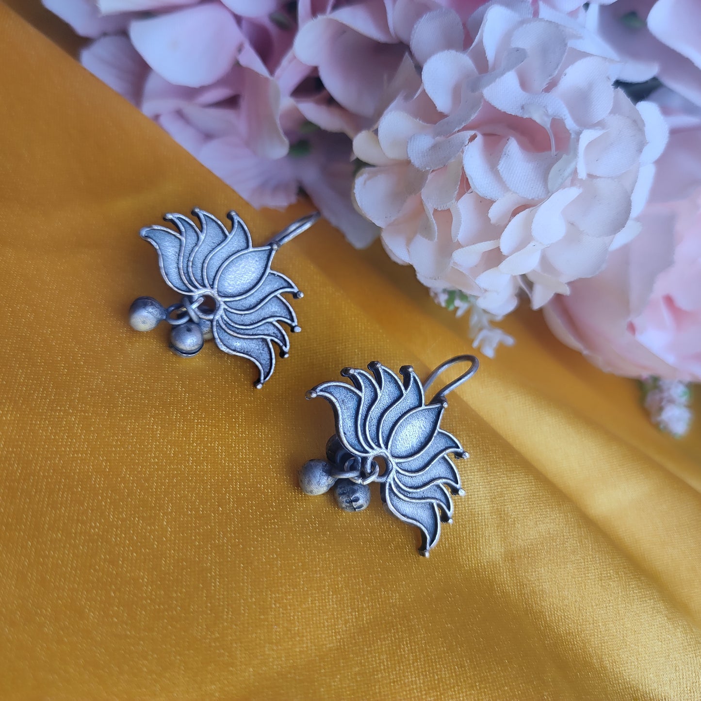 Lotus Silver Plated Oxidised Drop Earrings