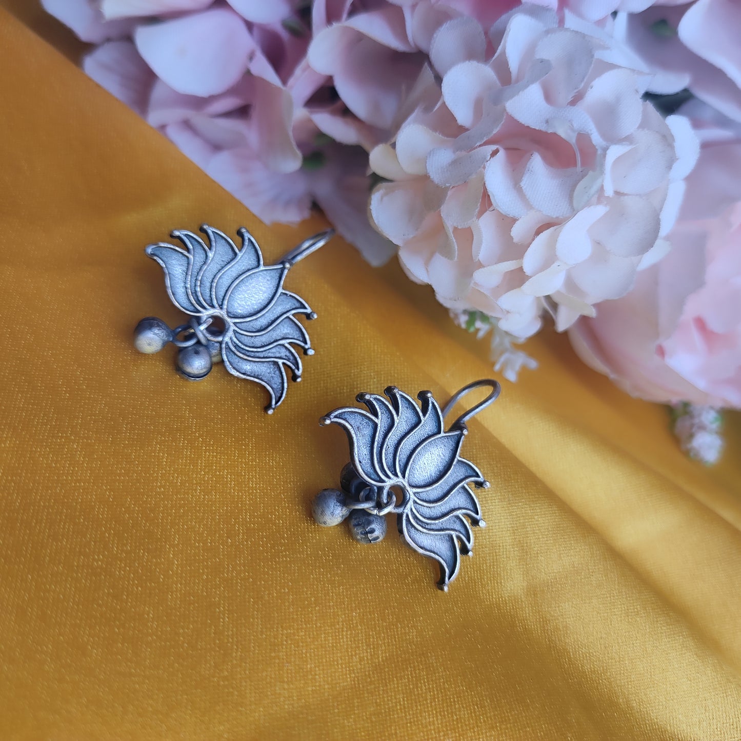 Lotus Silver Plated Oxidised Drop Earrings