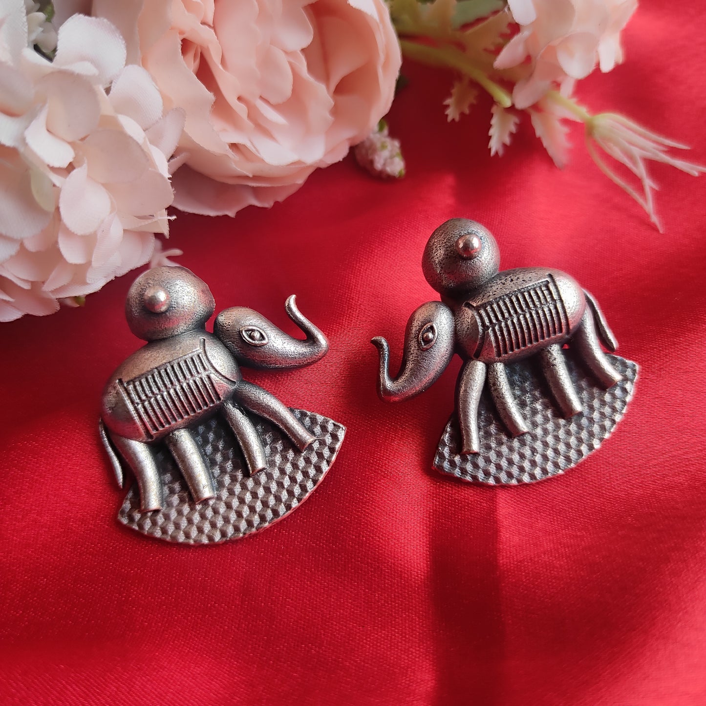 Silver Replica Oxidised Elephant Earrings Large