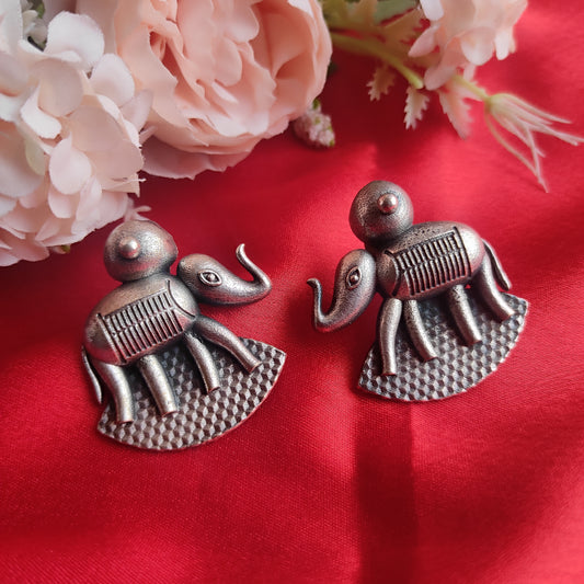 Silver Replica Oxidised Elephant Earrings Large