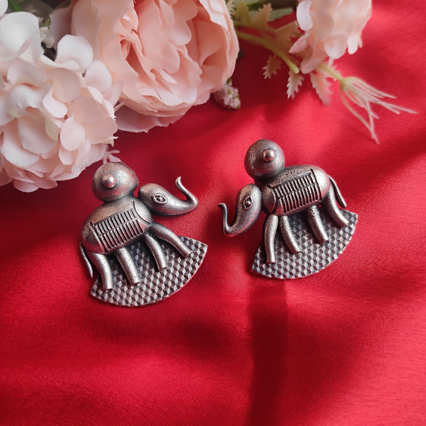 Silver Replica Oxidised Elephant Earrings Large