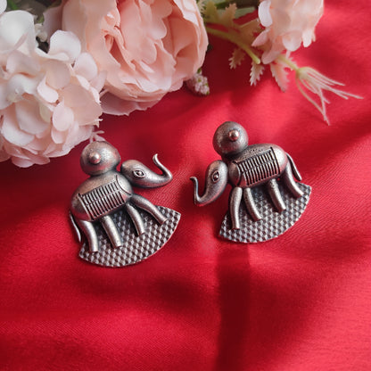 Silver Replica Oxidised Elephant Earrings Large