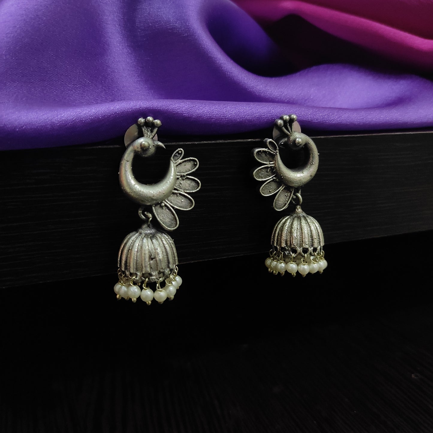 Beautiful  Silver Oxidised Peacock Jhumkas
