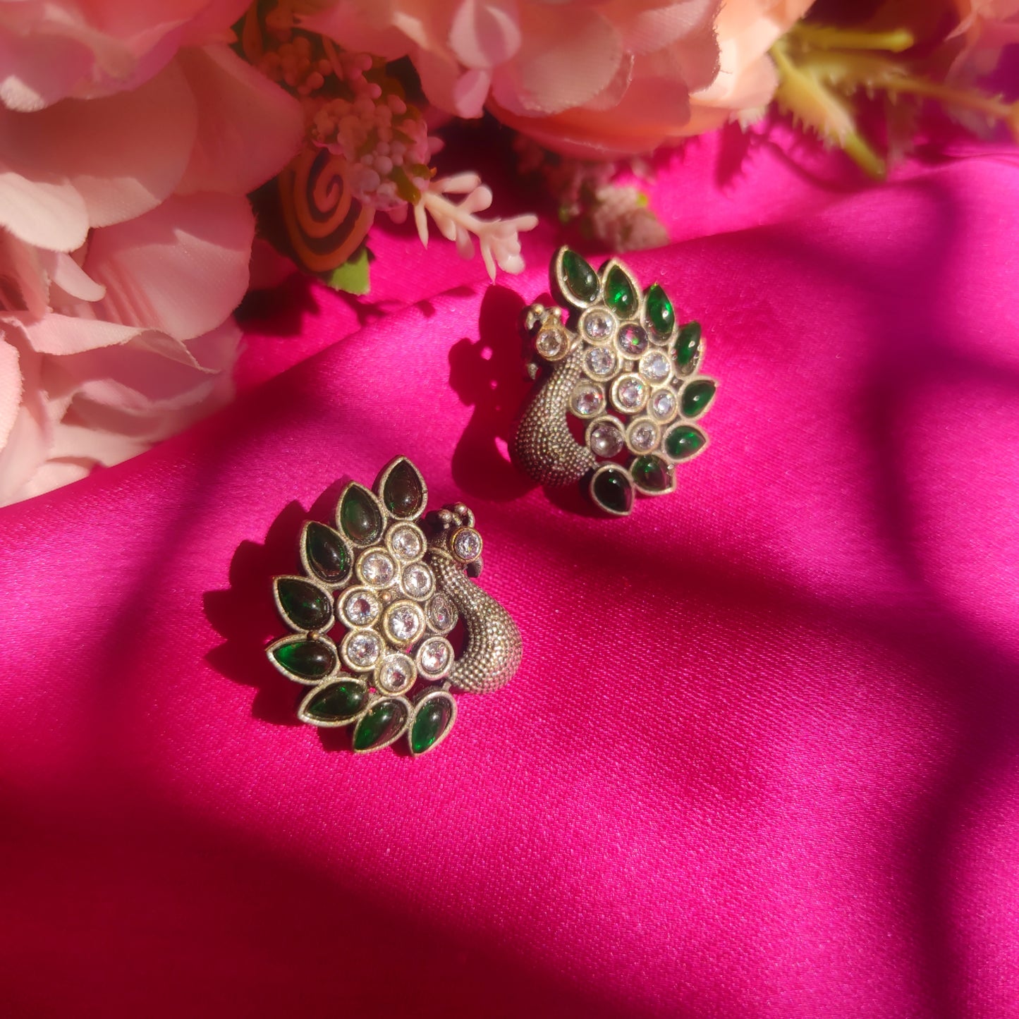 Green Stone Stud Peacock Silver Earrings